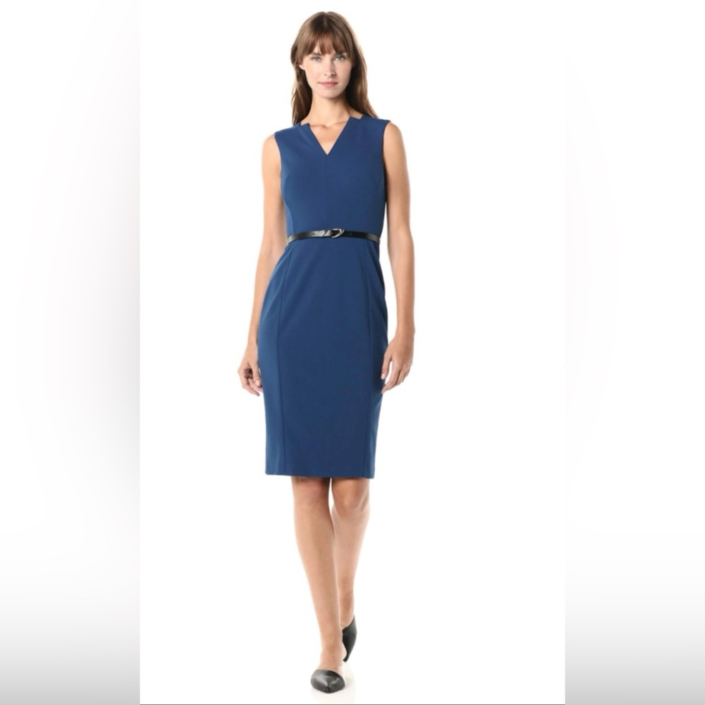Calvin Klein Sleeveless Belted Sheath with Notch V-Neckline Dress P2P 17”